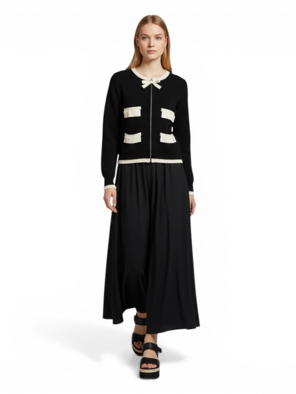Sleeping On Snow Bow Tie Cardi Blk Crm Contrast Knit Jackie O Chic Prep Anthro